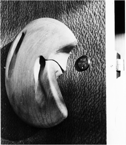 My early cabin door with sculpted handle, turned and sculpted during my time at Sydney Technical College, Ultimo. I was able to use the woodworking shop through Bob Sutton. I turned the door handle to about 300mm diam.and then sculpted it to give a variety of grips and to the best of my knowledge it is still there.