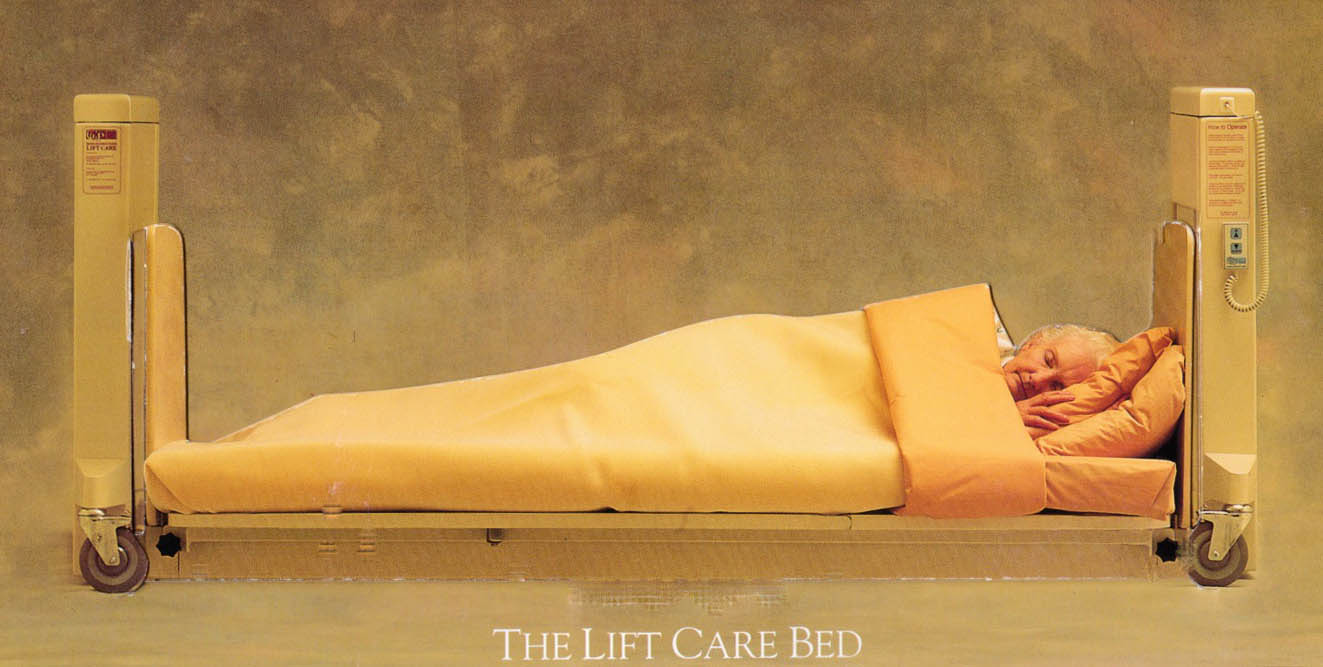 A catalog with moving illustrations of the upper and lower limits of the LiftCare Bed, clearly showing its elimination of mechanical clutter, ease of cleaning under and how the mattress and occupant could be quickly removed in case of fire.